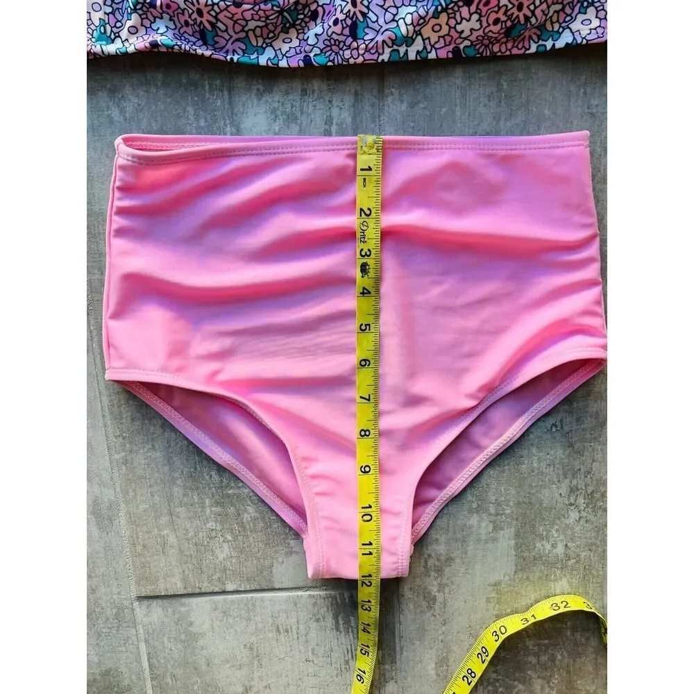 Los Angeles Boutique 2 Piece High Waisted Bikini Set Push Up Pink Floral L (M)